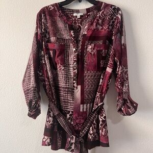 Notations women’s dressy long sleeve V neck pocket cuffed printed blouse 2X NWNT